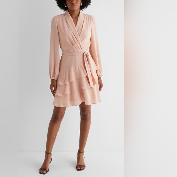 EXPRESS Collared Long Sleeve Tie Waist Tiered Mini Dress in Black - Picture 4 of 6